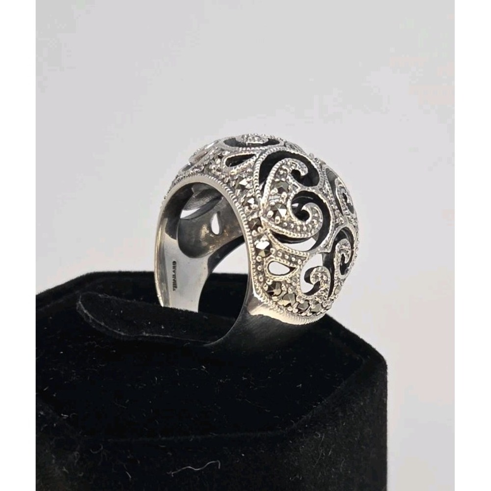 Marcasite Dome Sterling Silver Filigree Ring‎ Sz 5 - Picture 6 of 6